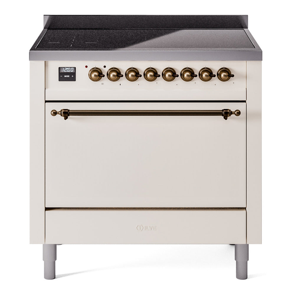 ILVE Nostalgie II 36-Inch Induction Range, Solid Door Oven, Antique White with Burnished Bronze Trim (UPI366QNMPAWB)