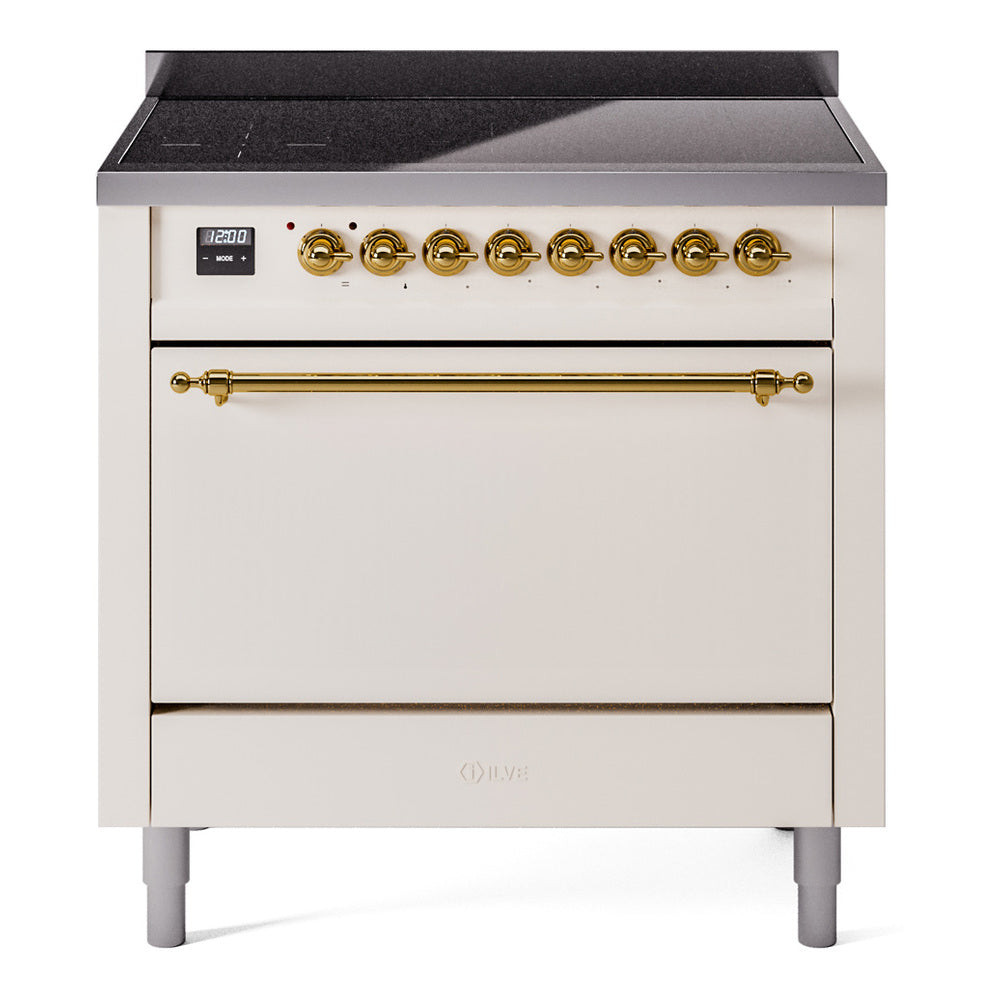 ILVE Nostalgie II 36-Inch Induction Range, Solid Door Oven, Antique White with Brass Trim (UPI366QNMPAWG)