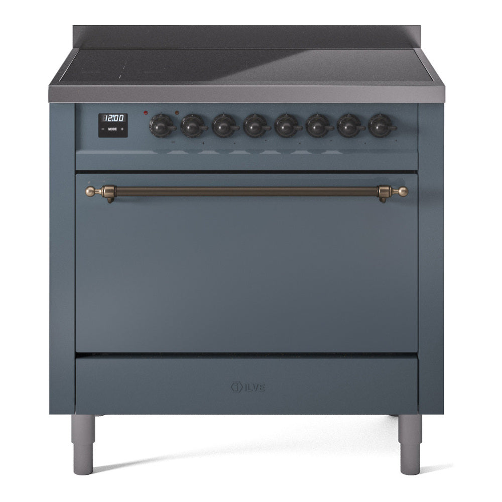 ILVE Nostalgie II 36-Inch Induction Range, Solid Door Oven, Blue Grey with Burnished Bronze Trim (UPI366QNMPBGB)