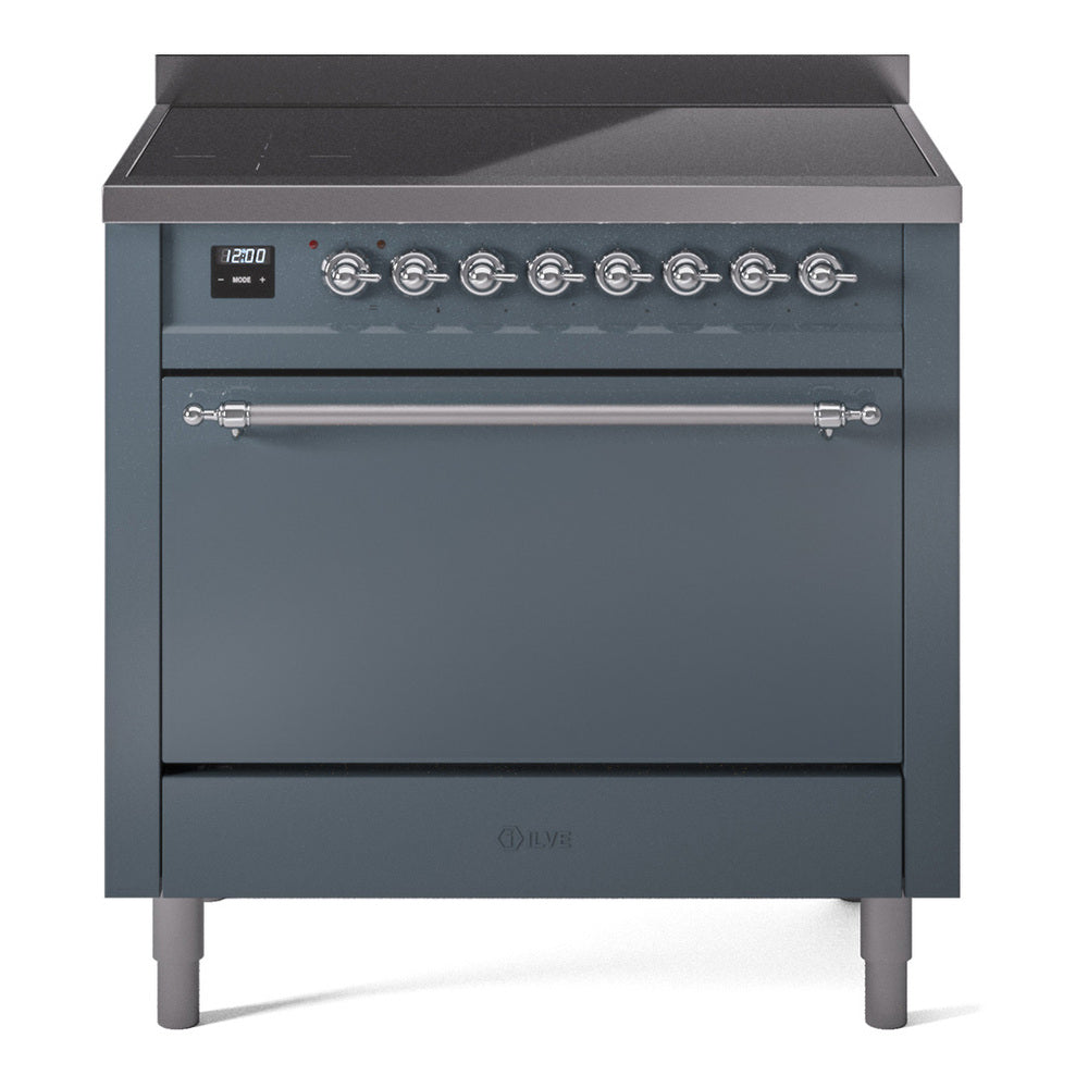 ILVE Nostalgie II 36-Inch Induction Range, Solid Door Oven, Blue Grey with Chrome Trim (UPI366QNMPBGC)