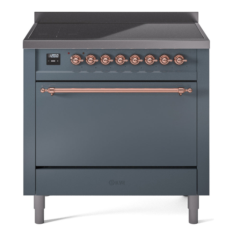 ILVE Nostalgie II 36-Inch Induction Range, Solid Door Oven, Blue Grey with Copper Trim (UPI366QNMPBGP)