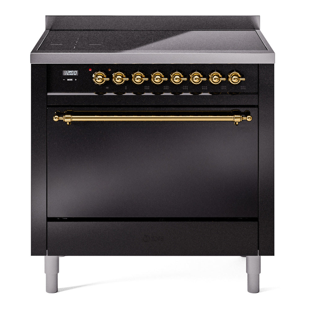ILVE Nostalgie II 36-Inch Induction Range, Solid Door Oven, Glossy Black with Brass Trim (UPI366QNMPBKG)
