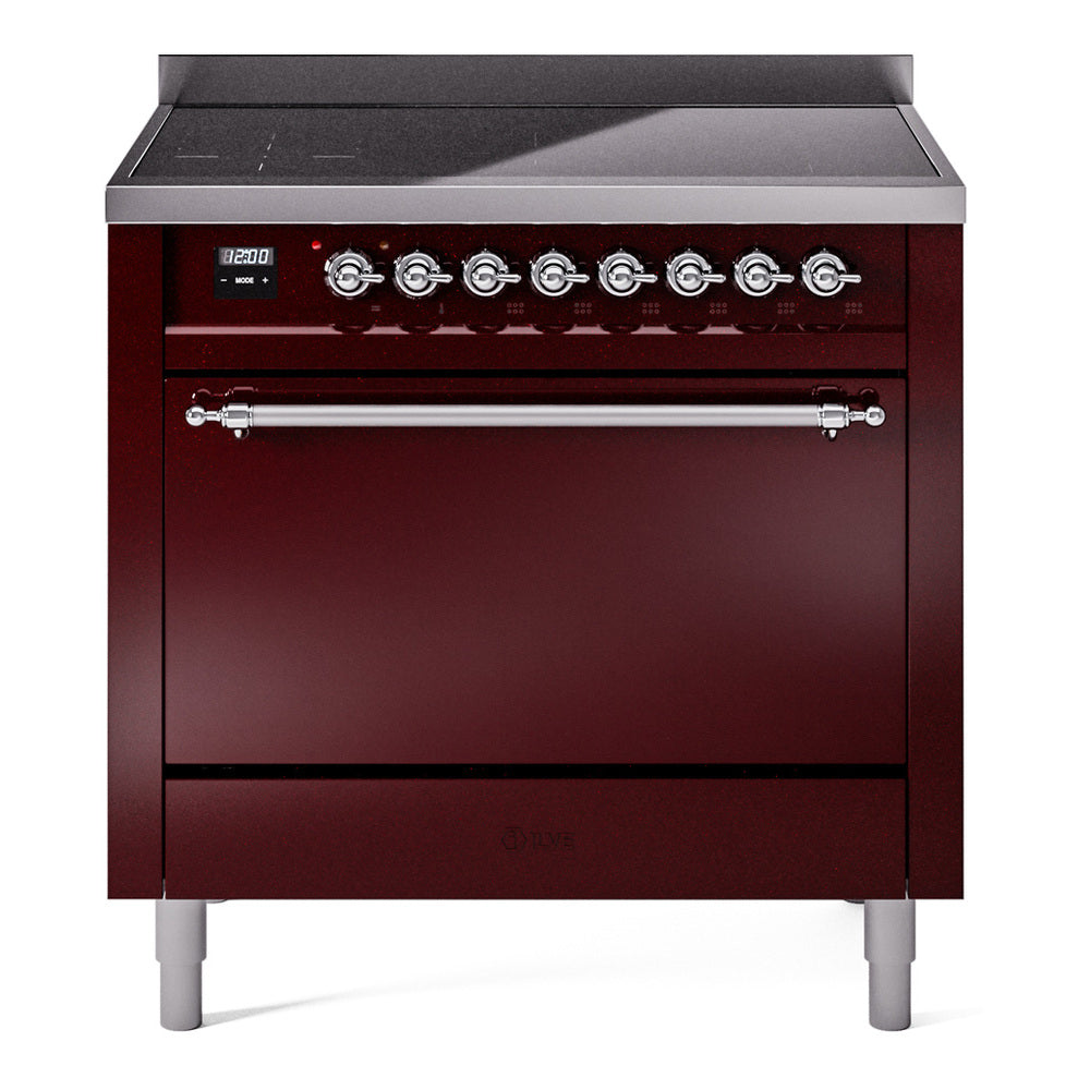 ILVE Nostalgie II 36-Inch Induction Range, Solid Door Oven, Burgundy with Chrome Trim (UPI366QNMPBUC)