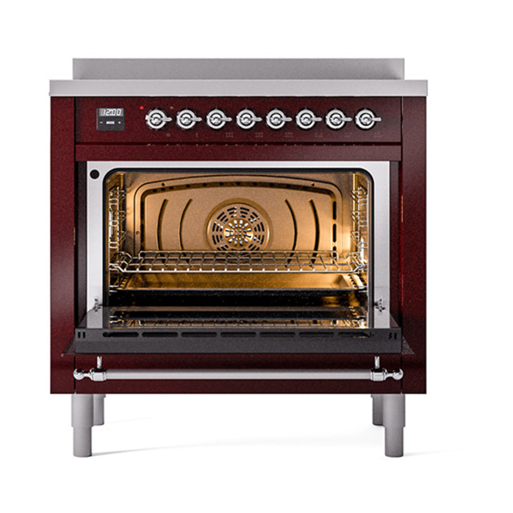 ILVE Nostalgie II 36-Inch Induction Range, Solid Door Oven, Burgundy with Chrome Trim (UPI366QNMPBUC)
