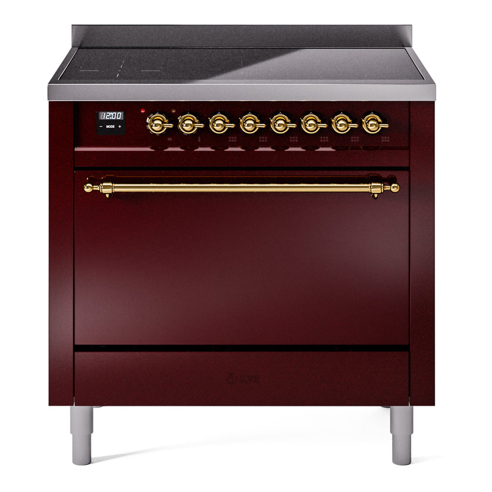 ILVE Nostalgie II 36-Inch Induction Range, Solid Door Oven, Burgundy with Brass Trim (UPI366QNMPBUG)
