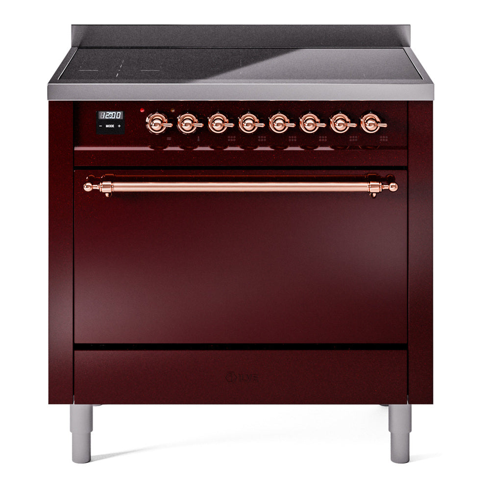ILVE Nostalgie II 36-Inch Induction Range, Solid Door Oven, Burgundy with Copper Trim (UPI366QNMPBUP)