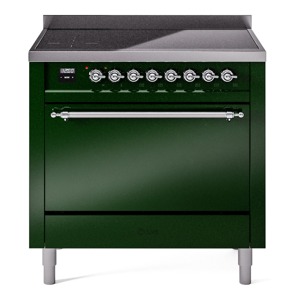 ILVE Nostalgie II 36-Inch Induction Range, Solid Door Oven, Emerald Green with Chrome Trim (UPI366QNMPEGC)