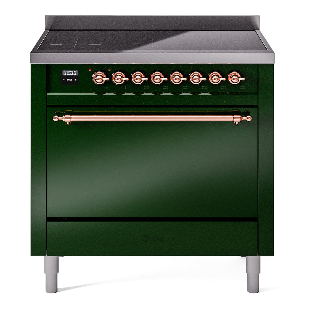 ILVE Nostalgie II 36-Inch Induction Range, Solid Door Oven, Emerald Green with Copper Trim (UPI366QNMPEGP)