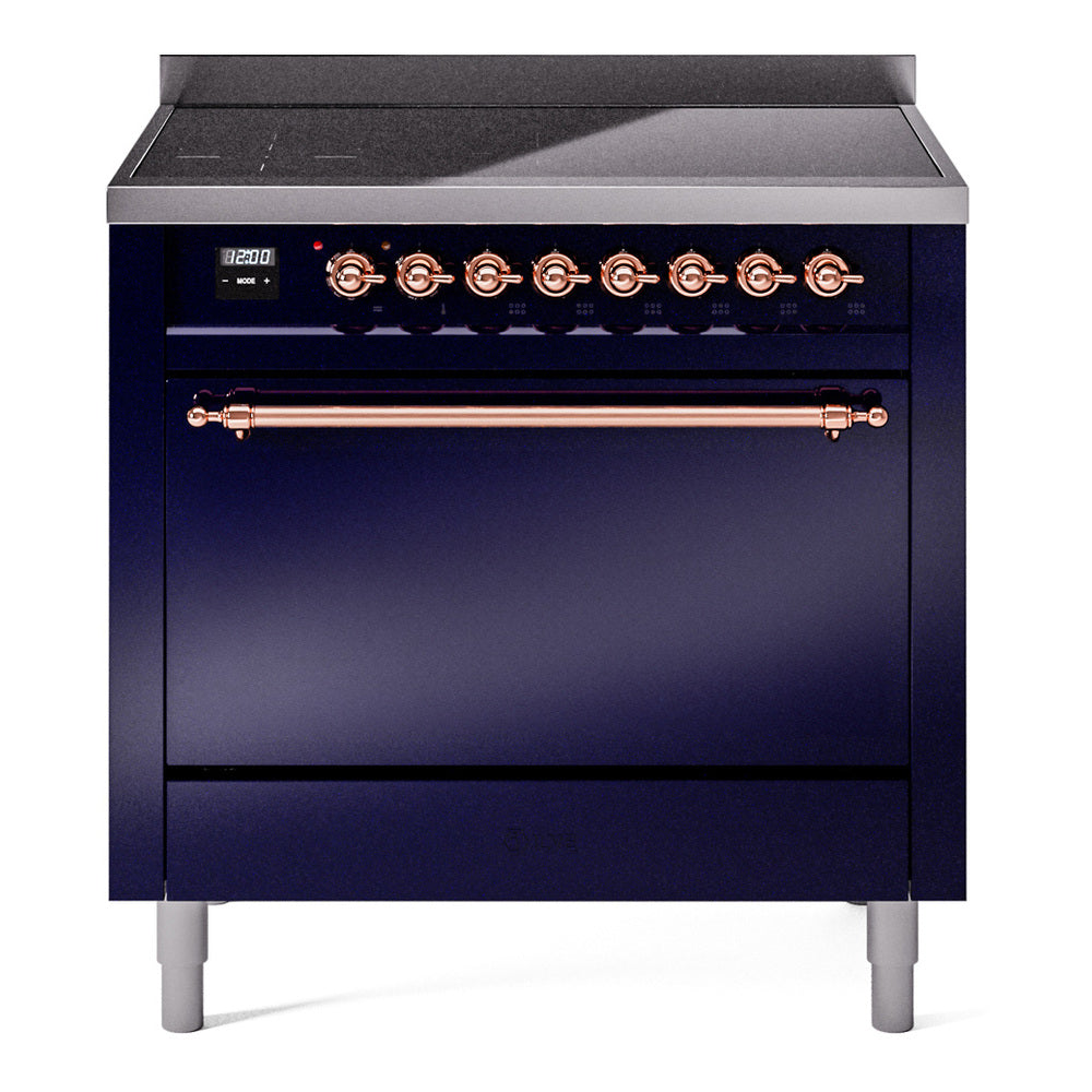 ILVE Nostalgie II 36-Inch Induction Range, Solid Door Oven, Midnight Blue with Copper Trim (UPI366QNMPMBP)