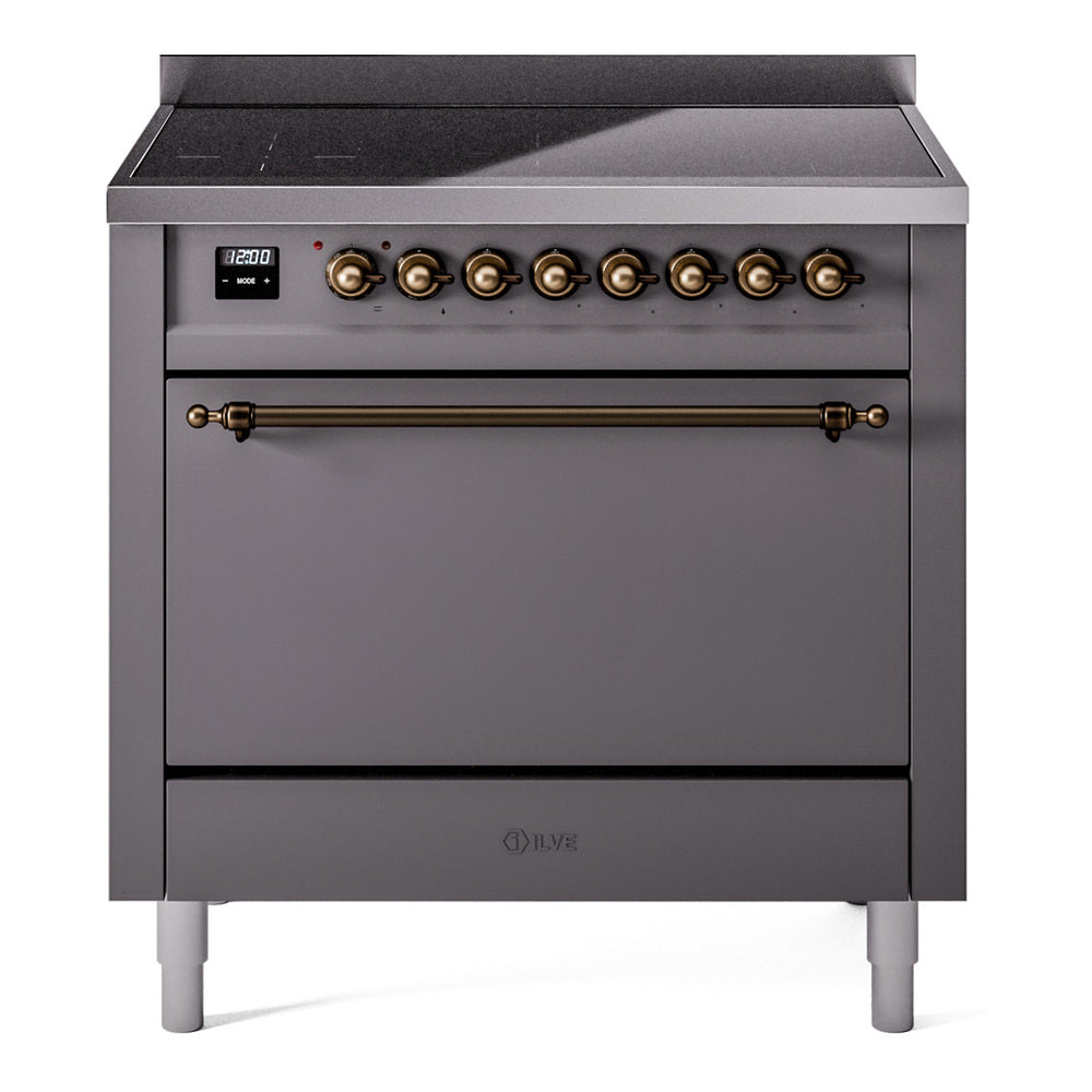 ILVE Nostalgie II 36-Inch Induction Range, Solid Door Oven, Matte Graphite with Burnished Bronze Trim (UPI366QNMPMGB)