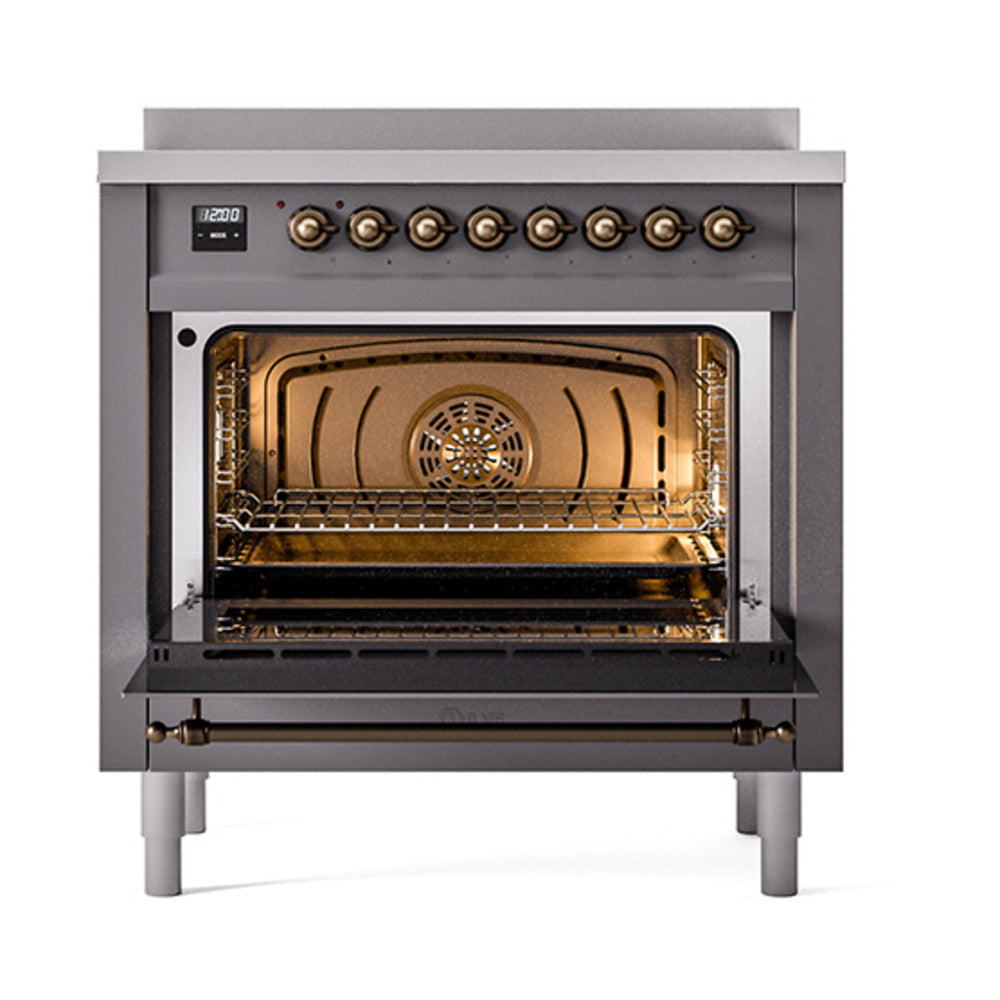 ILVE Nostalgie II 36-Inch Induction Range, Solid Door Oven, Matte Graphite with Burnished Bronze Trim (UPI366QNMPMGB)