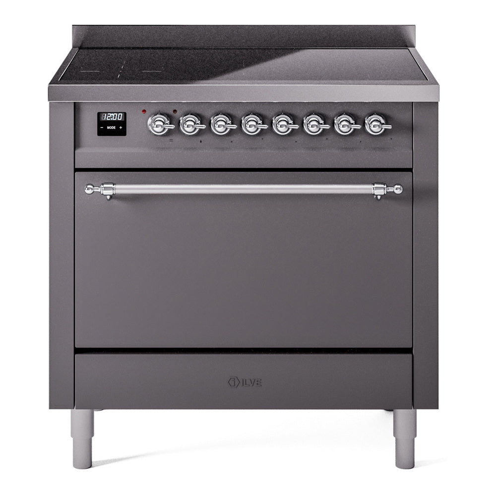 ILVE Nostalgie II 36-Inch Induction Range, Solid Door Oven, Matte Graphite with Chrome Trim (UPI366QNMPMGC)