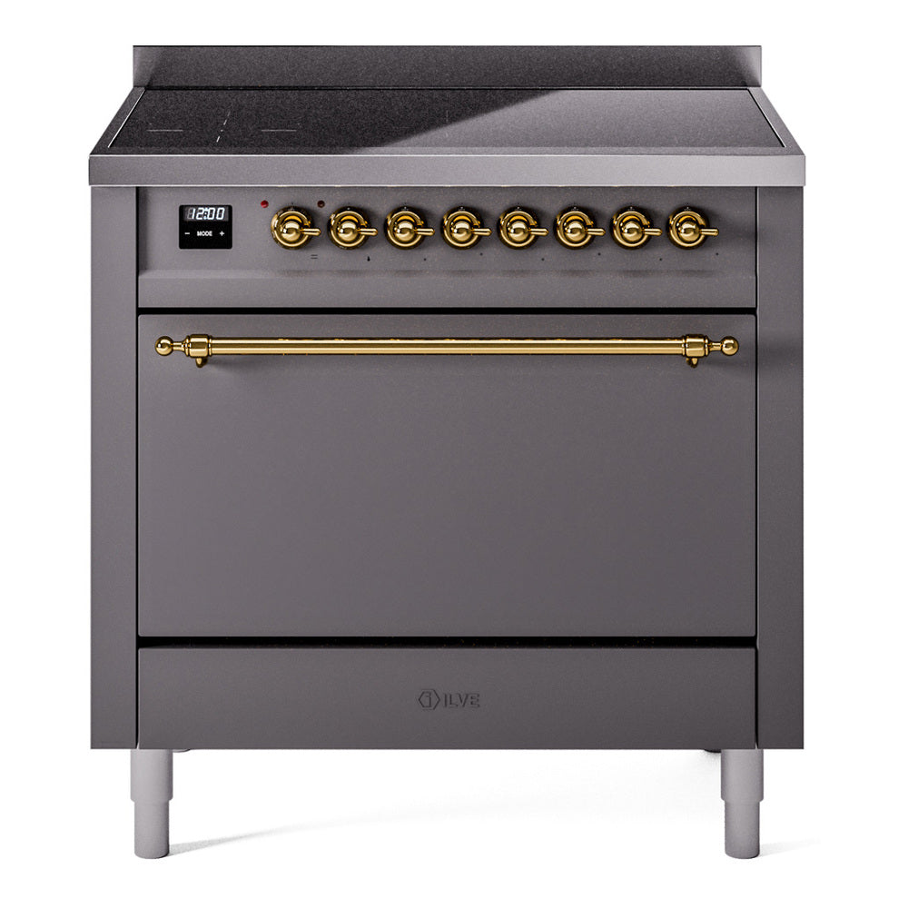 ILVE Nostalgie II 36-Inch Induction Range, Solid Door Oven, Matte Graphite with Brass Trim (UPI366QNMPMGG)