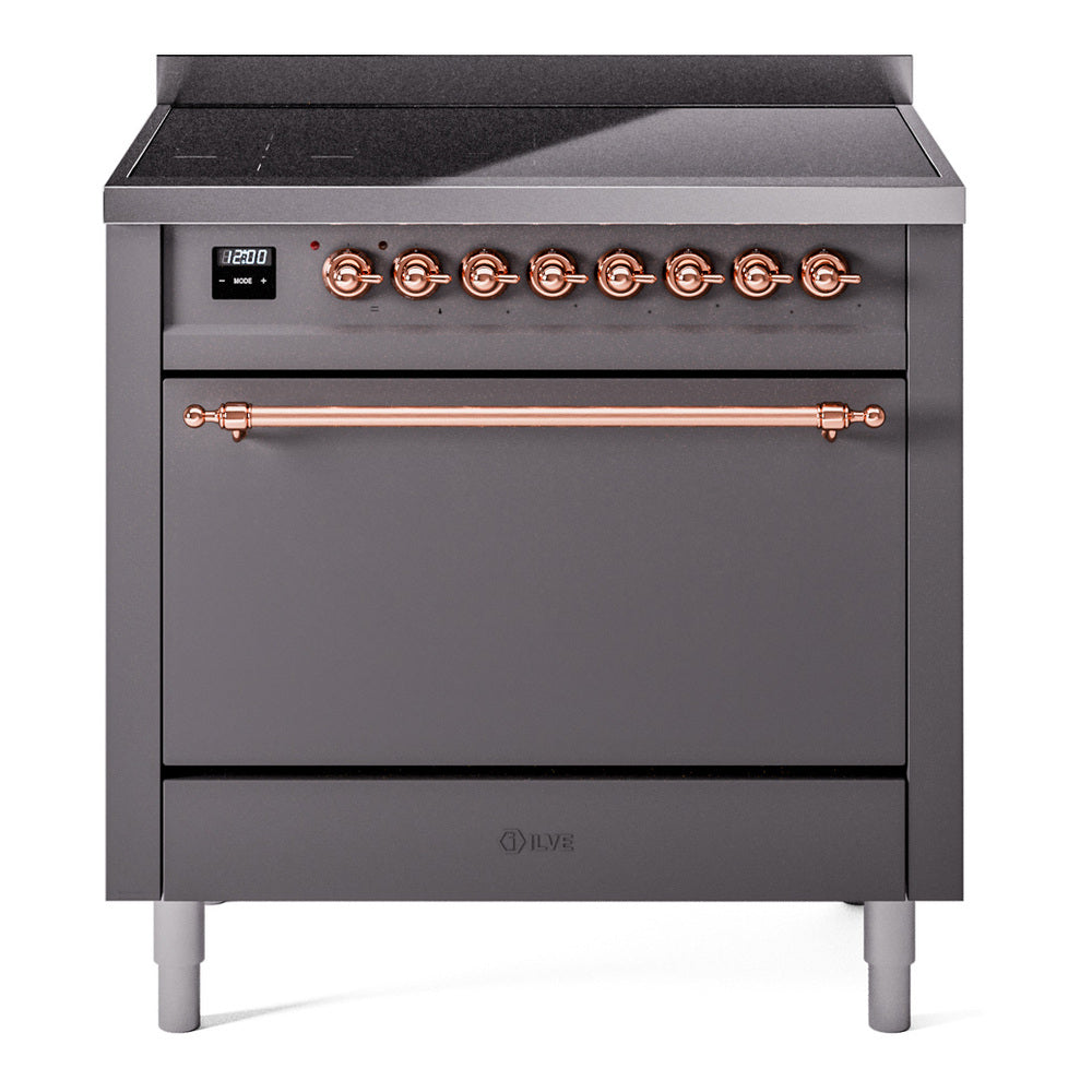 ILVE Nostalgie II 36-Inch Induction Range, Solid Door Oven, Matte Graphite with Copper Trim (UPI366QNMPMGP)