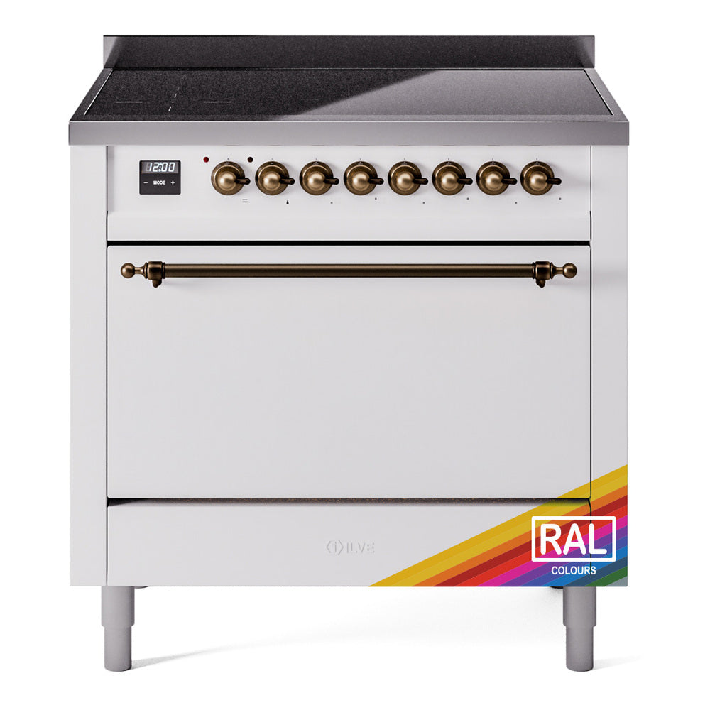 ILVE Nostalgie II 36-Inch Induction Range, Solid Door Oven, Custom RAL with Burnished Bronze Trim (UPI366QNMPRAB)