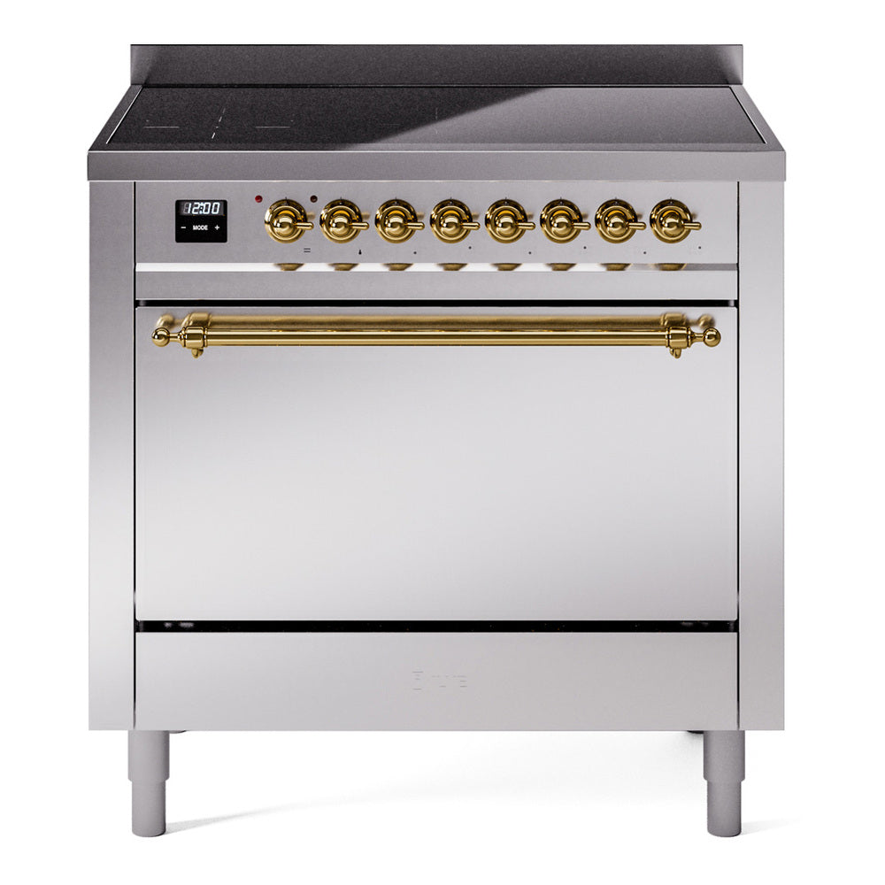 ILVE Nostalgie II 36-Inch Induction Range, Solid Door Oven, Stainless Steel with Brass Trim (UPI366QNMPSSG)