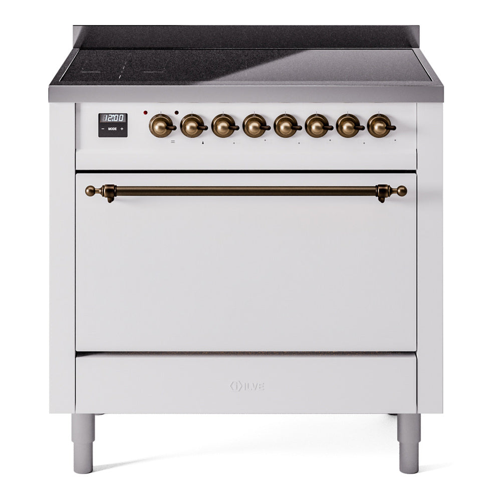 ILVE Nostalgie II 36-Inch Induction Range, Solid Door Oven, White with Burnished Bronze Trim (UPI366QNMPWHB)