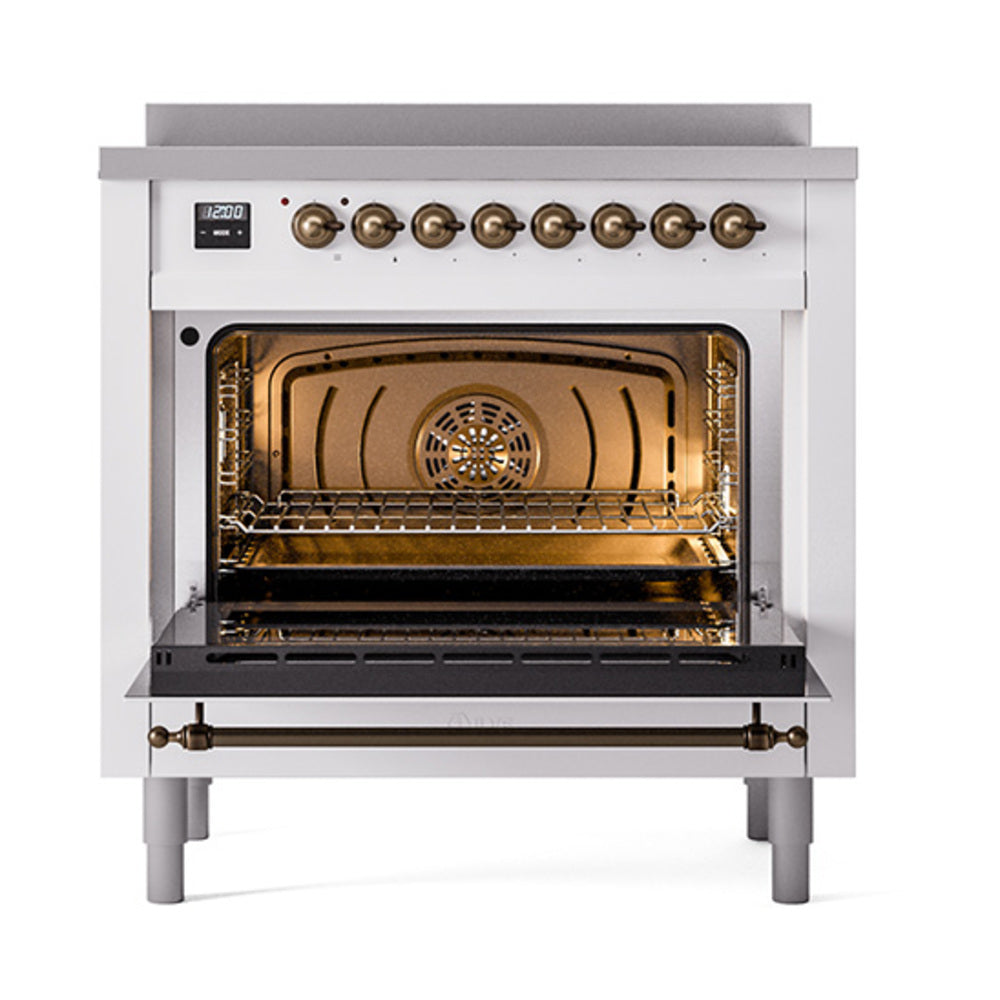ILVE Nostalgie II 36-Inch Induction Range, Solid Door Oven, White with Burnished Bronze Trim (UPI366QNMPWHB)
