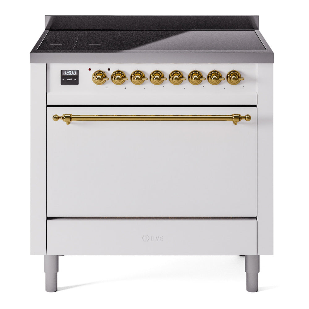 ILVE Nostalgie II 36-Inch Induction Range, Solid Door Oven, White with Brass Trim (UPI366QNMPWHG)