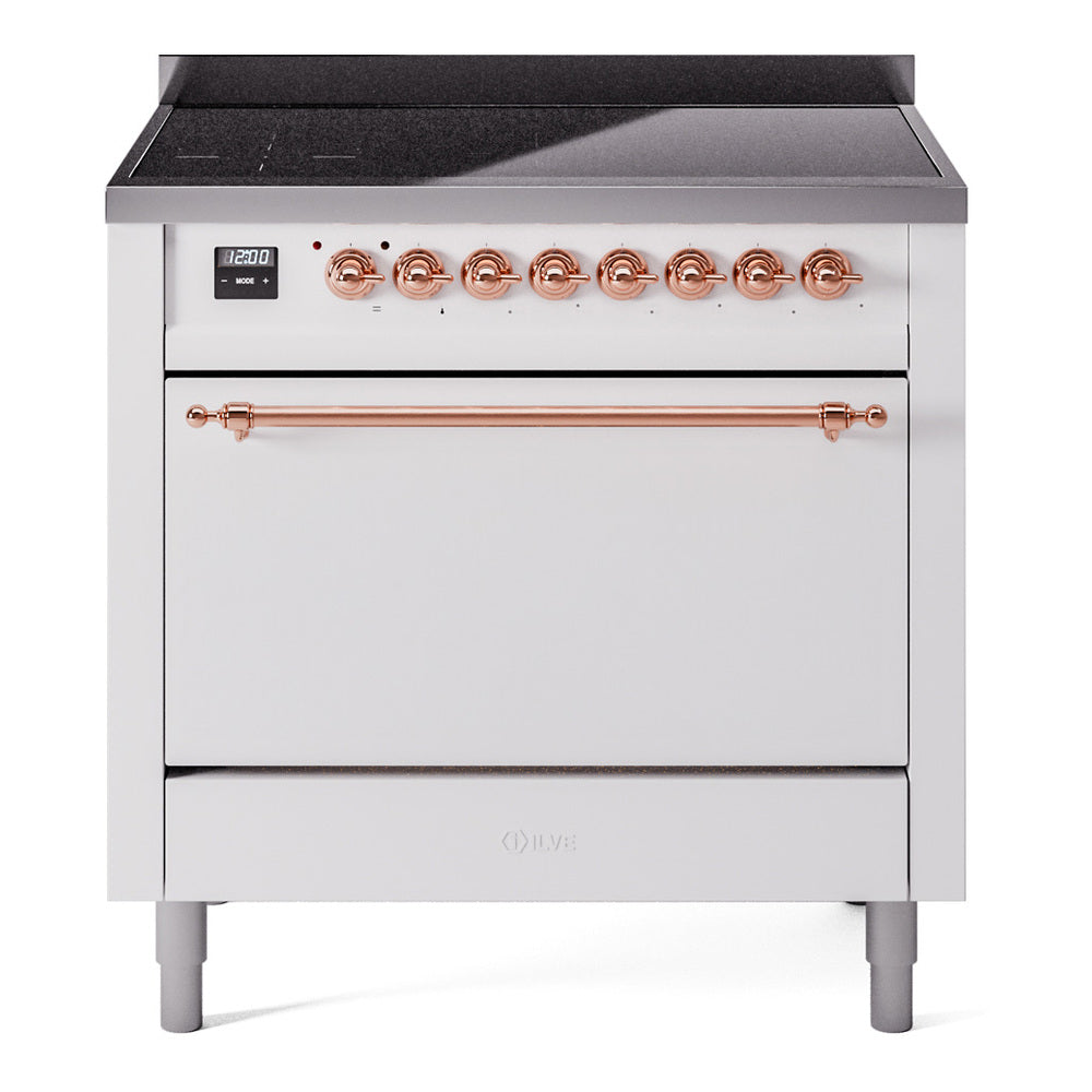 ILVE Nostalgie II 36-Inch Induction Range, Solid Door Oven, White with Copper Trim (UPI366QNMPWHP)
