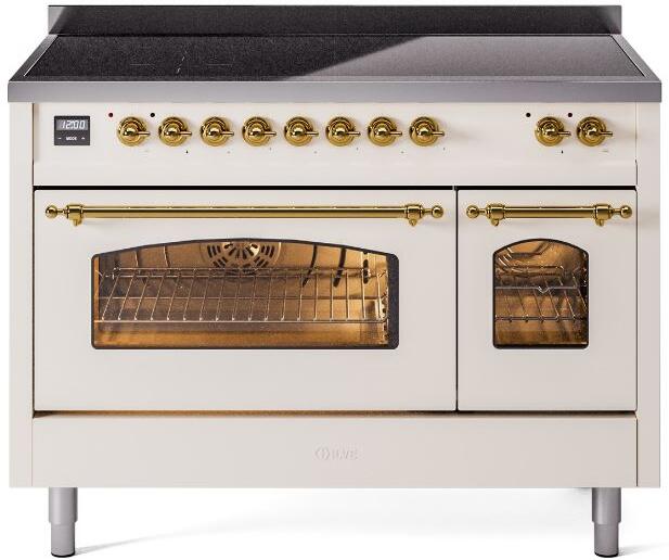 ILVE Nostalgie II 48-Inch Freestanding Electric Induction Range, Antique White with Brass Trim (UPI486NMPAWG)
