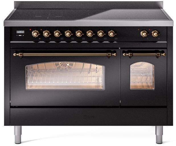 ILVE Nostalgie II 48-Inch Freestanding Electric Induction Range, Glossy Black with Burnished Bronze Trim (UPI486NMPBKB)