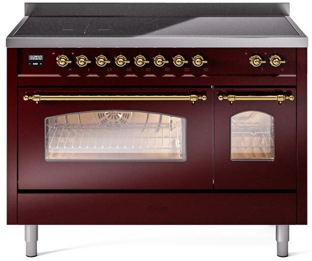 ILVE Nostalgie II 48-Inch Freestanding Electric Induction Range, Burgundy with Brass Trim (UPI486NMPBUG)