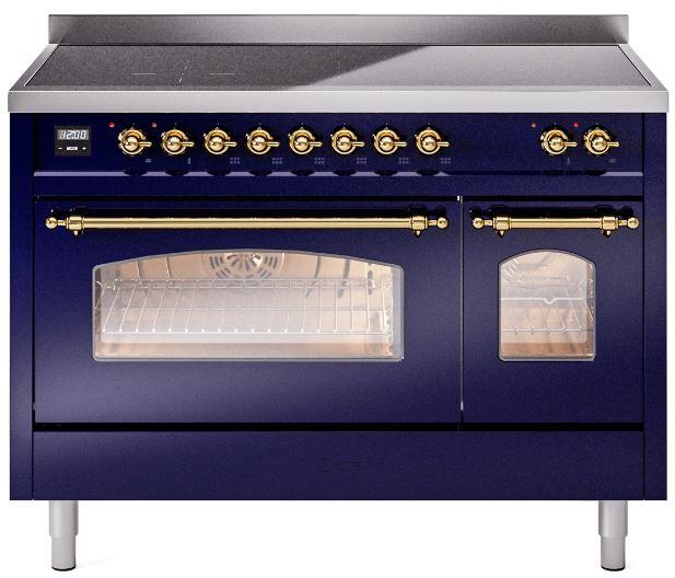 ILVE Nostalgie II 48-Inch Freestanding Electric Induction Range, Midnight Blue with Brass Trim (UPI486NMPMBG)