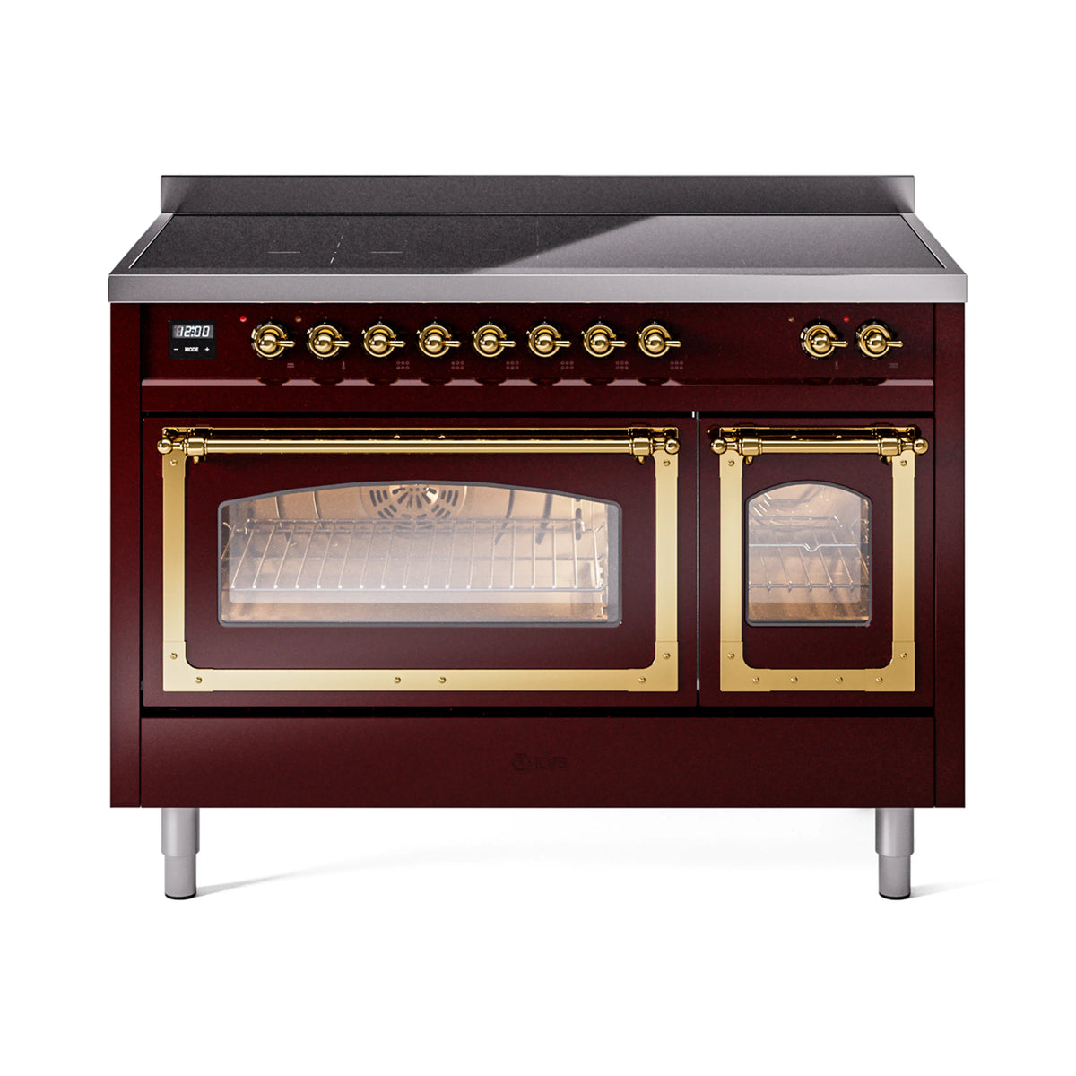 ILVE Nostalgie II Noblesse 48-Inch Induction Range, Triple Glass Door, Burgundy with Brass Trim (UNI486NMPBUG)