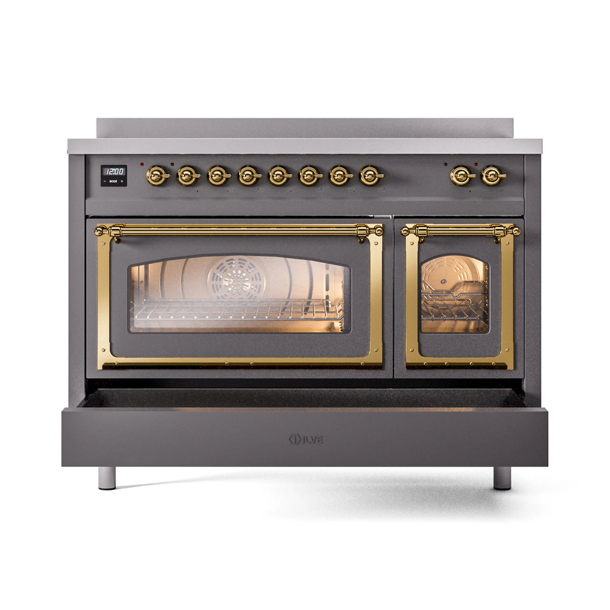 ILVE Nostalgie II Noblesse 48-Inch Induction Range, Triple Glass Door, Matte Graphite with Brass Trim (UNI486NMPMGG)