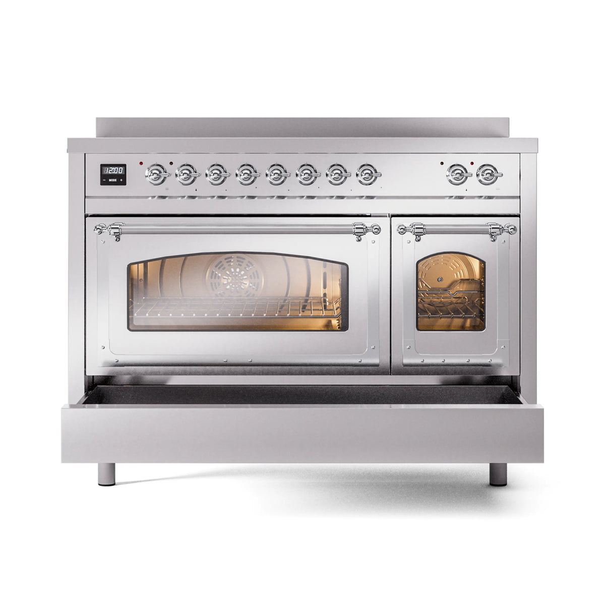 ILVE Nostalgie II Noblesse 48-Inch Induction Range, Triple Glass Door, Stainless Steel with Chrome Trim (UNI486NMPSSC)