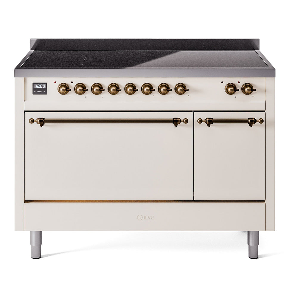 ILVE Nostalgie II 48-Inch Induction Range, Solid Door Oven, Antique White with Burnished Bronze Trim (UPI486QNMPAWB)