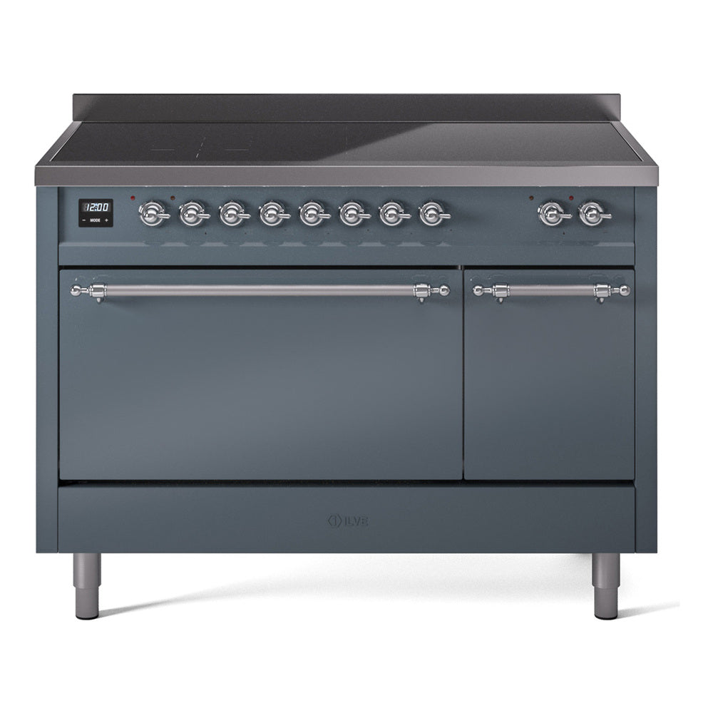 ILVE Nostalgie II 48-Inch Induction Range, Solid Door Oven, Blue Grey with Chrome Trim (UPI486QNMPBGC)