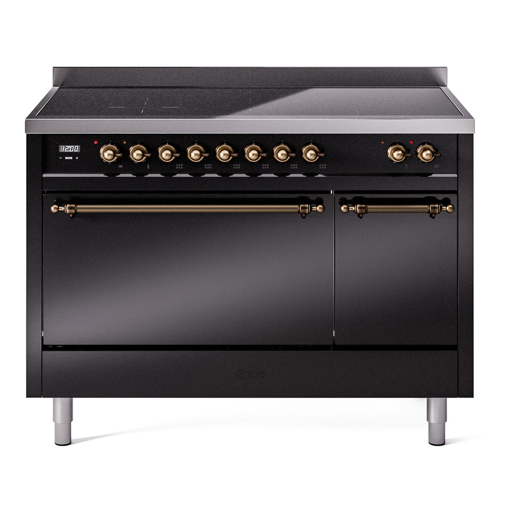 ILVE Nostalgie II 48-Inch Induction Range, Solid Door Oven, Glossy Black with Burnished Bronze Trim (UPI486QNMPBKB)