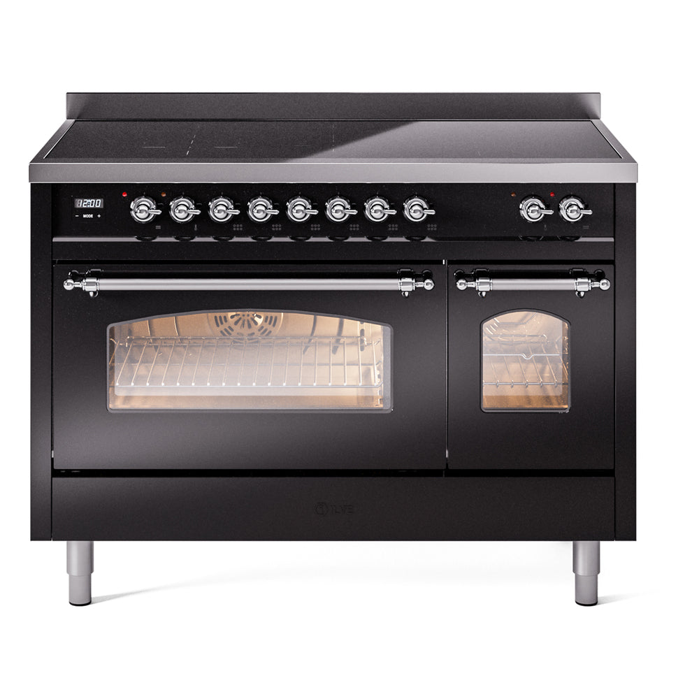 ILVE Nostalgie II 48-Inch Induction Range, Solid Door Oven, Glossy Black with Chrome Trim (UPI486QNMPBKC)
