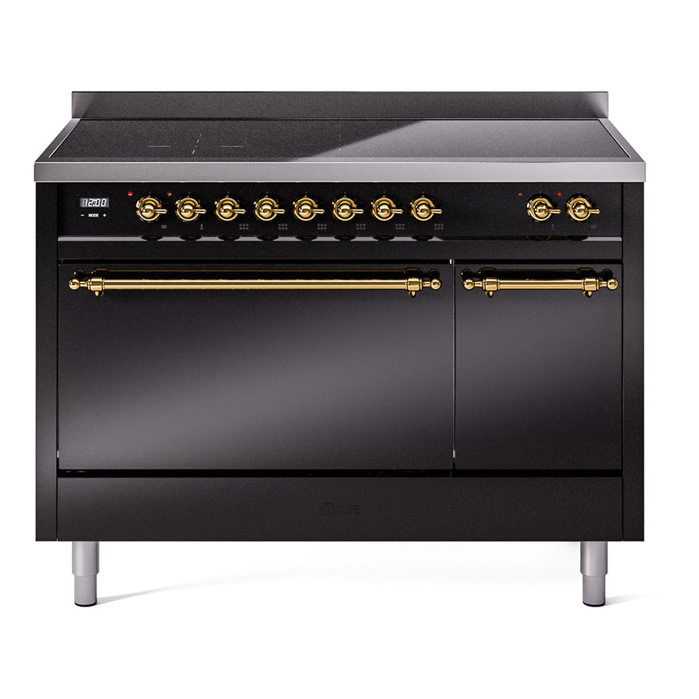 ILVE Nostalgie II 48-Inch Induction Range, Solid Door Oven, Glossy Black with Brass Trim (UPI486QNMPBKG)