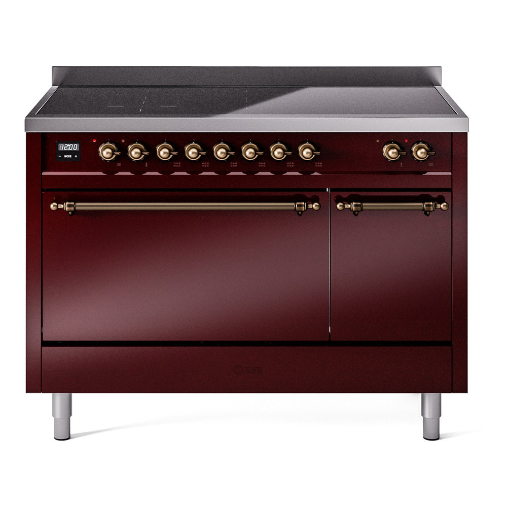 ILVE Nostalgie II 48-Inch Induction Range, Solid Door Oven, Burgundy with Burnished Bronze Trim (UPI486QNMPBUB)