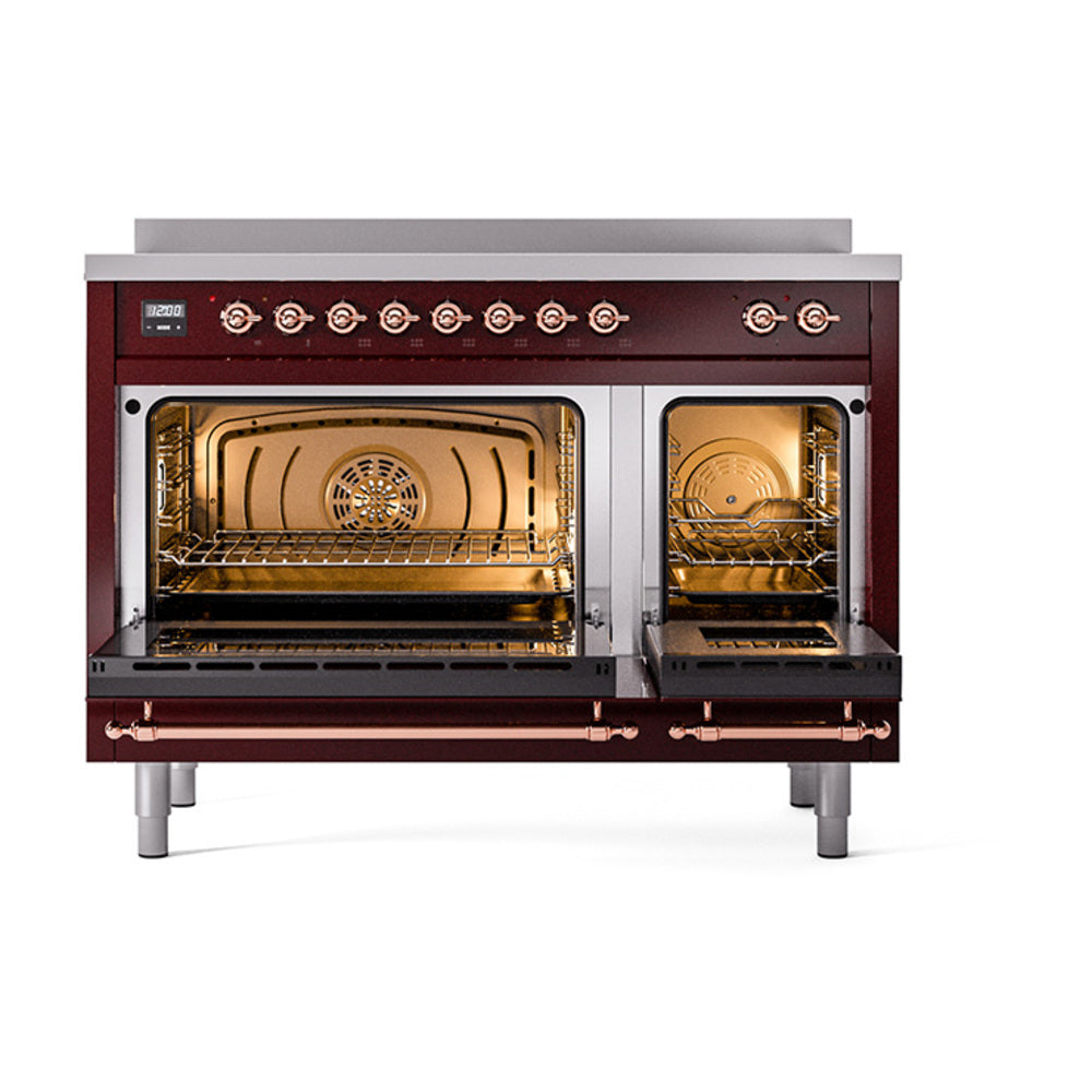 ILVE Nostalgie II 48-Inch Induction Range, Solid Door Oven, Burgundy with Copper Trim (UPI486QNMPBUP)