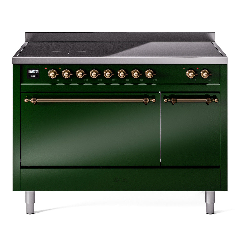 ILVE Nostalgie II 48-Inch Induction Range, Solid Door Oven, Emerald Green with Burnished Bronze Trim (UPI486QNMPEGB)