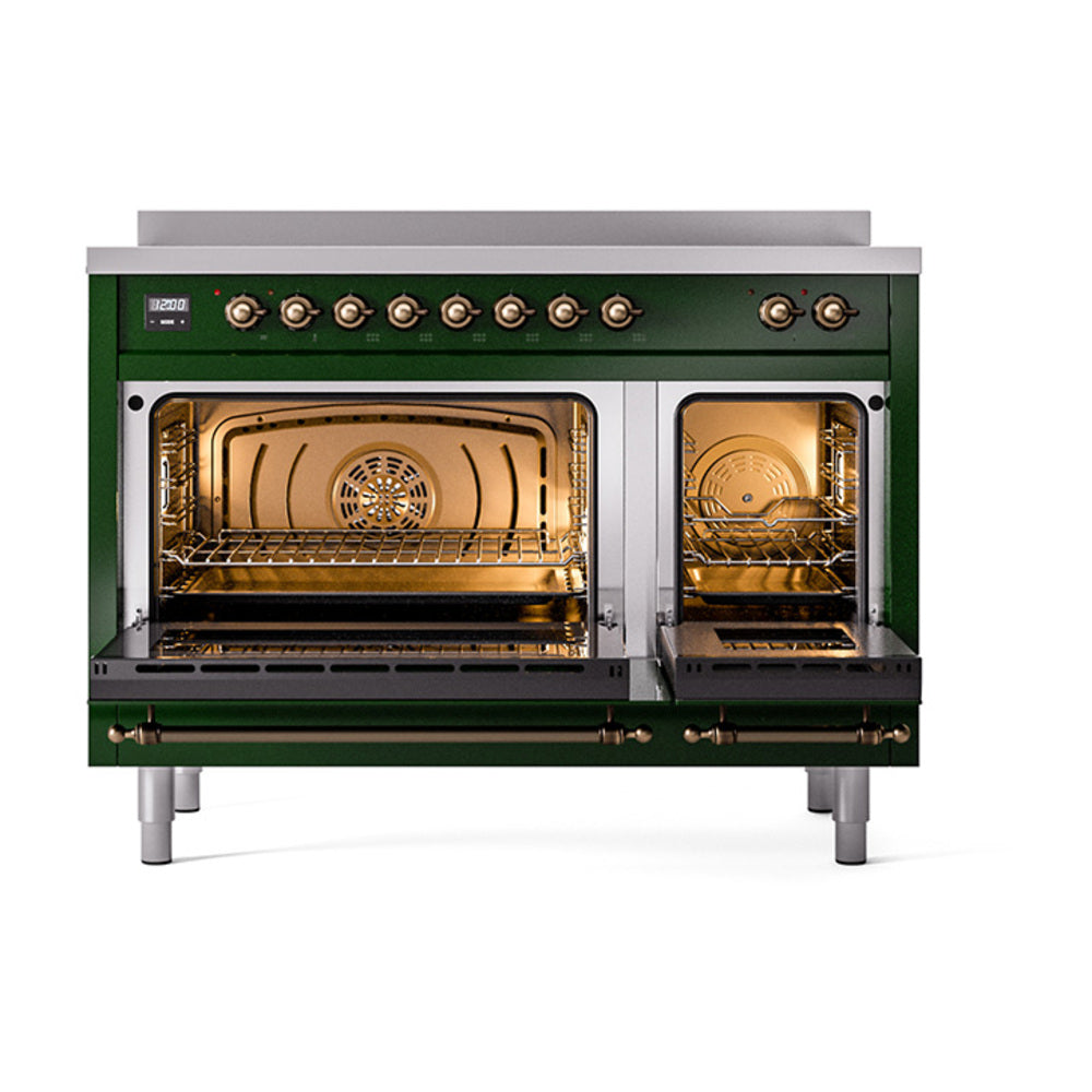 ILVE Nostalgie II 48-Inch Induction Range, Solid Door Oven, Emerald Green with Burnished Bronze Trim (UPI486QNMPEGB)