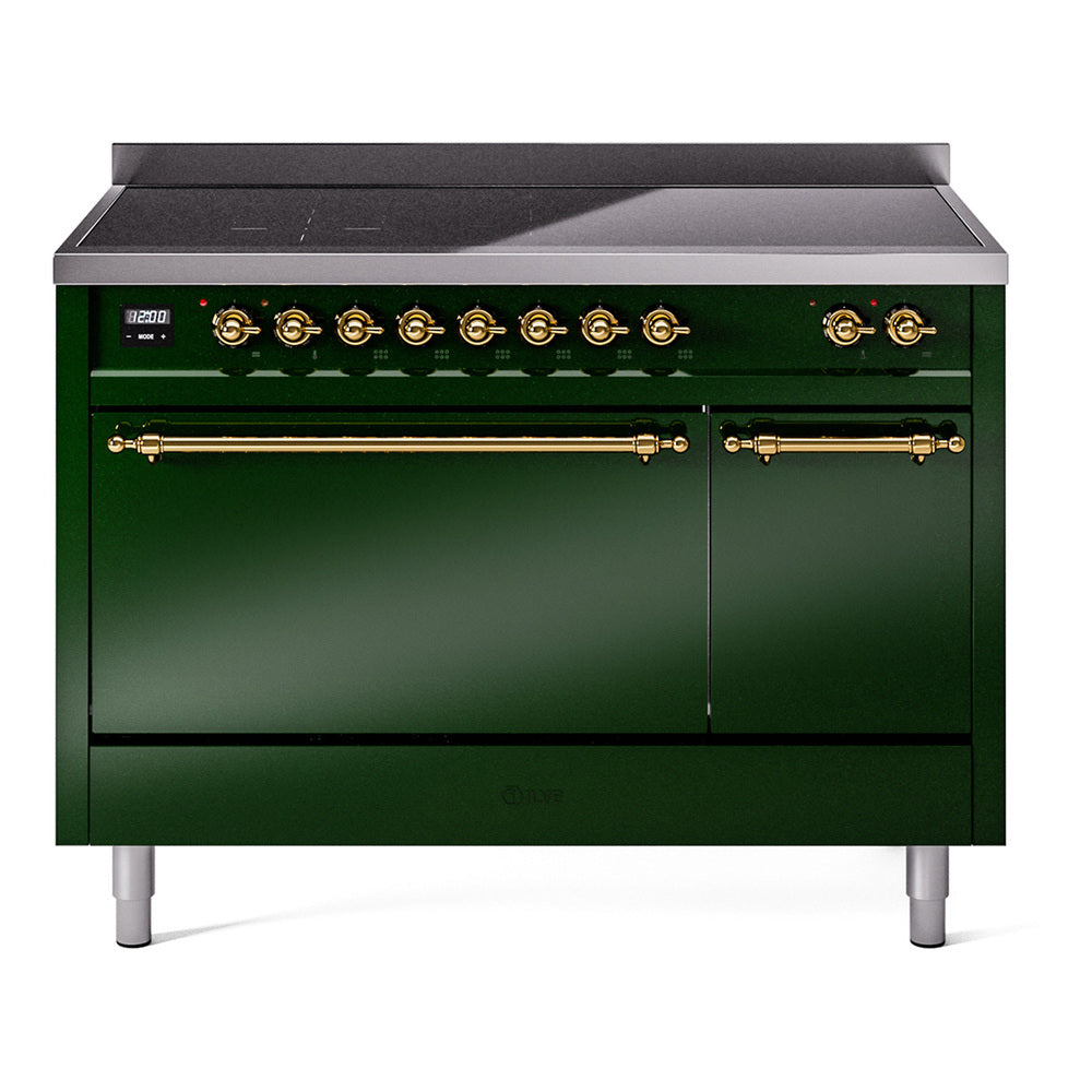 ILVE Nostalgie II 48-Inch Induction Range, Solid Door Oven, Emerald Green with Brass Trim (UPI486QNMPEGG)