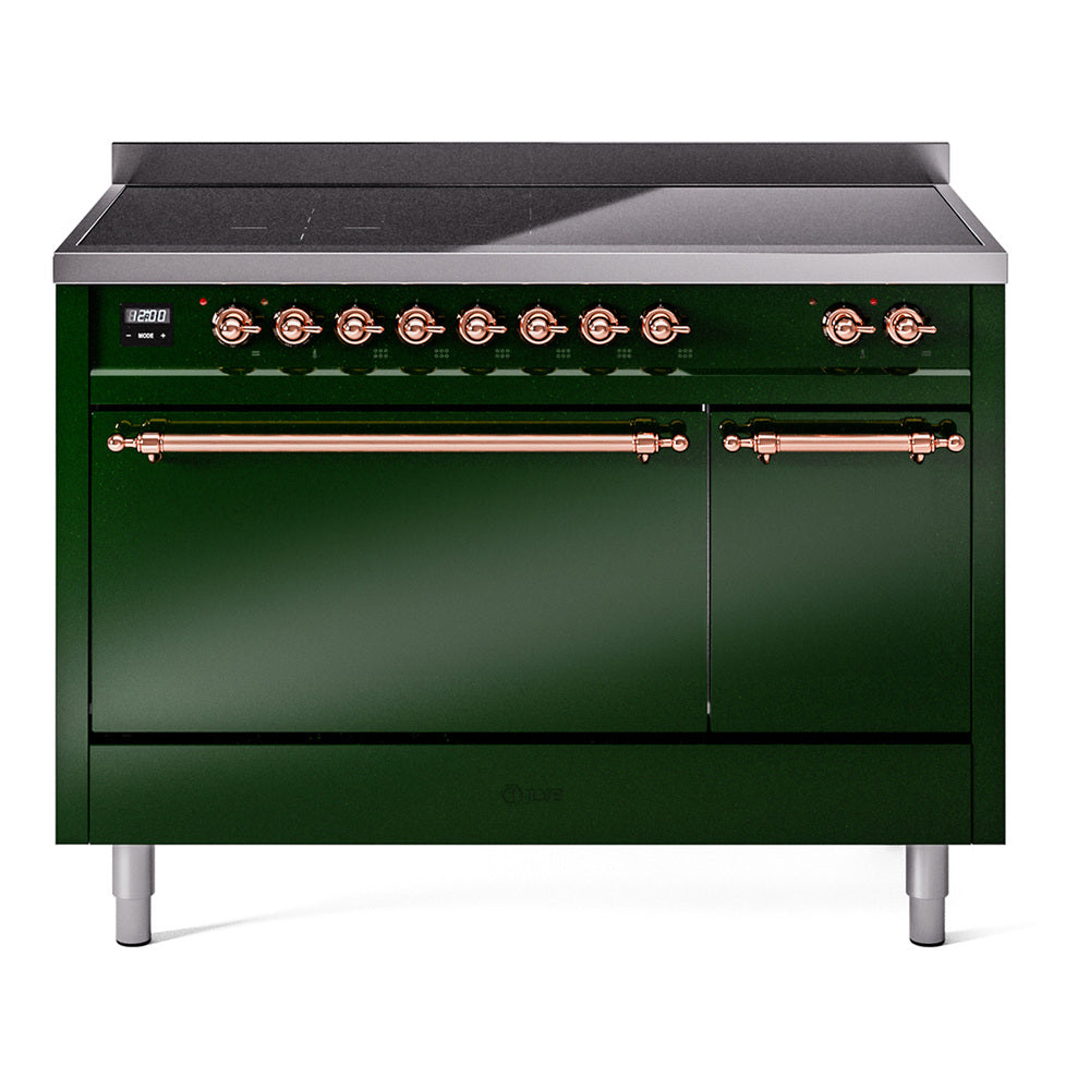 ILVE Nostalgie II 48-Inch Induction Range, Solid Door Oven, Emerald Green with Copper Trim (UPI486QNMPEGP)