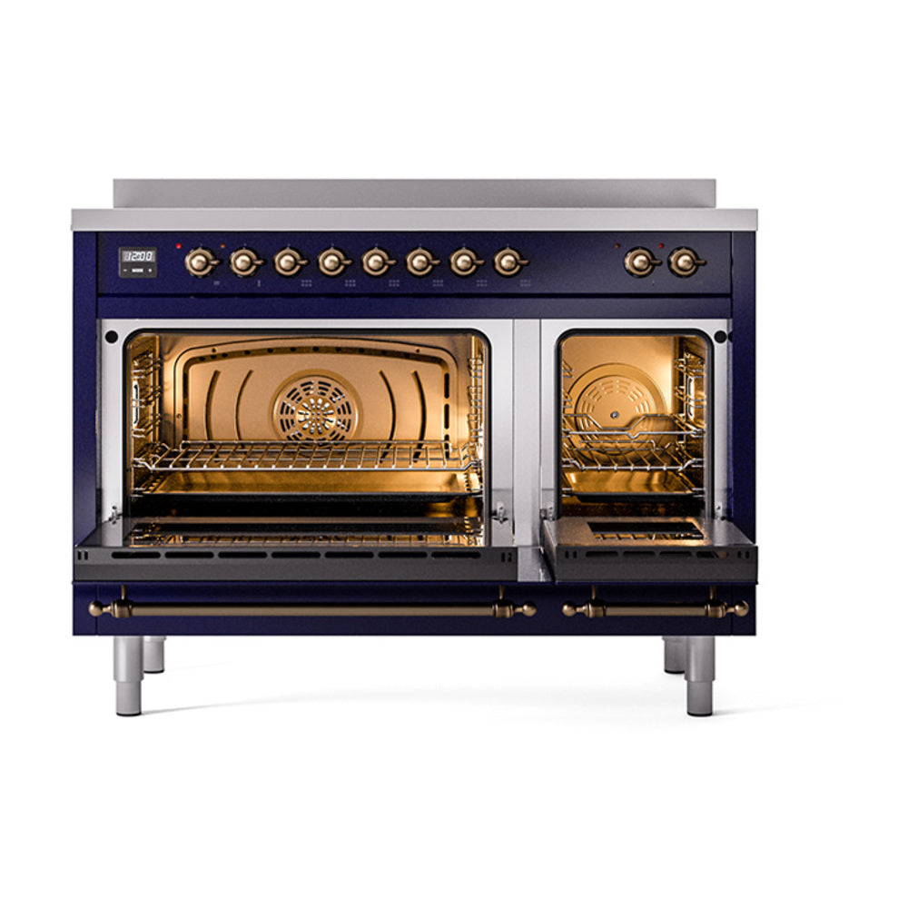 ILVE Nostalgie II 48-Inch Induction Range, Solid Door Oven, Midnight Blue with Burnished Bronze Trim (UPI486QNMPMBB)