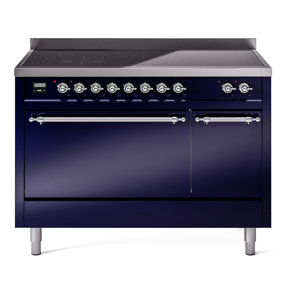 ILVE Nostalgie II 48-Inch Induction Range, Solid Door Oven, Midnight Blue with Chrome Trim (UPI486QNMPMBC)