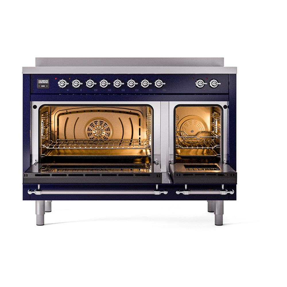 ILVE Nostalgie II 48-Inch Induction Range, Solid Door Oven, Midnight Blue with Chrome Trim (UPI486QNMPMBC)