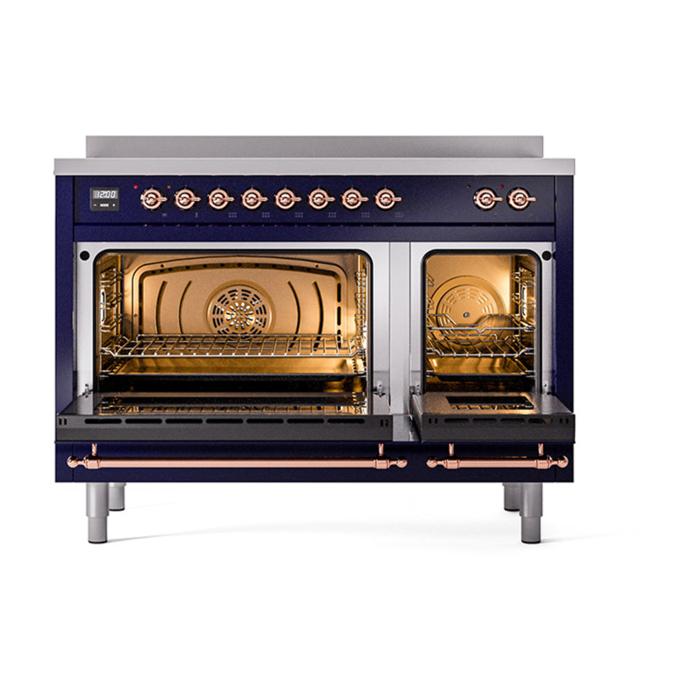 ILVE Nostalgie II 48-Inch Induction Range, Solid Door Oven, Midnight Blue with Copper Trim (UPI486QNMPMBP)