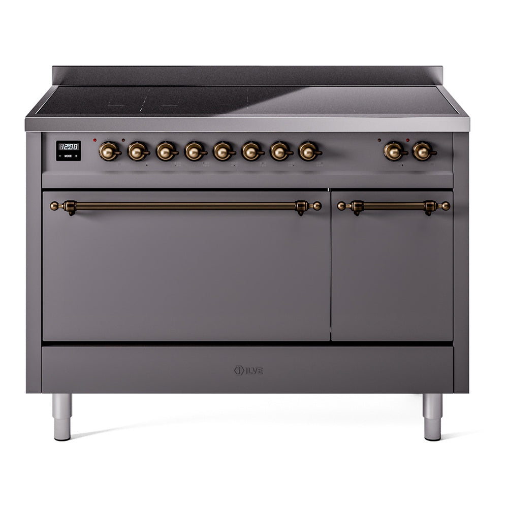 ILVE Nostalgie II 48-Inch Induction Range, Solid Door Oven, Matte Graphite with Burnished Bronze Trim (UPI486QNMPMGB)