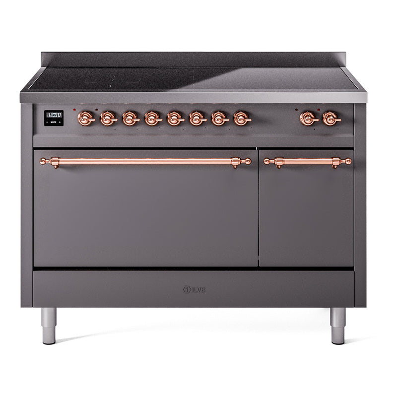 ILVE Nostalgie II 48-Inch Induction Range, Solid Door Oven, Matte Graphite with Copper Trim (UPI486QNMPMGP)