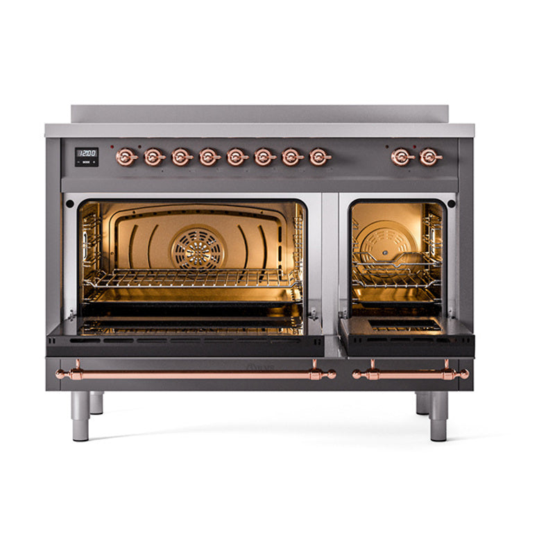 ILVE Nostalgie II 48-Inch Induction Range, Solid Door Oven, Matte Graphite with Copper Trim (UPI486QNMPMGP)