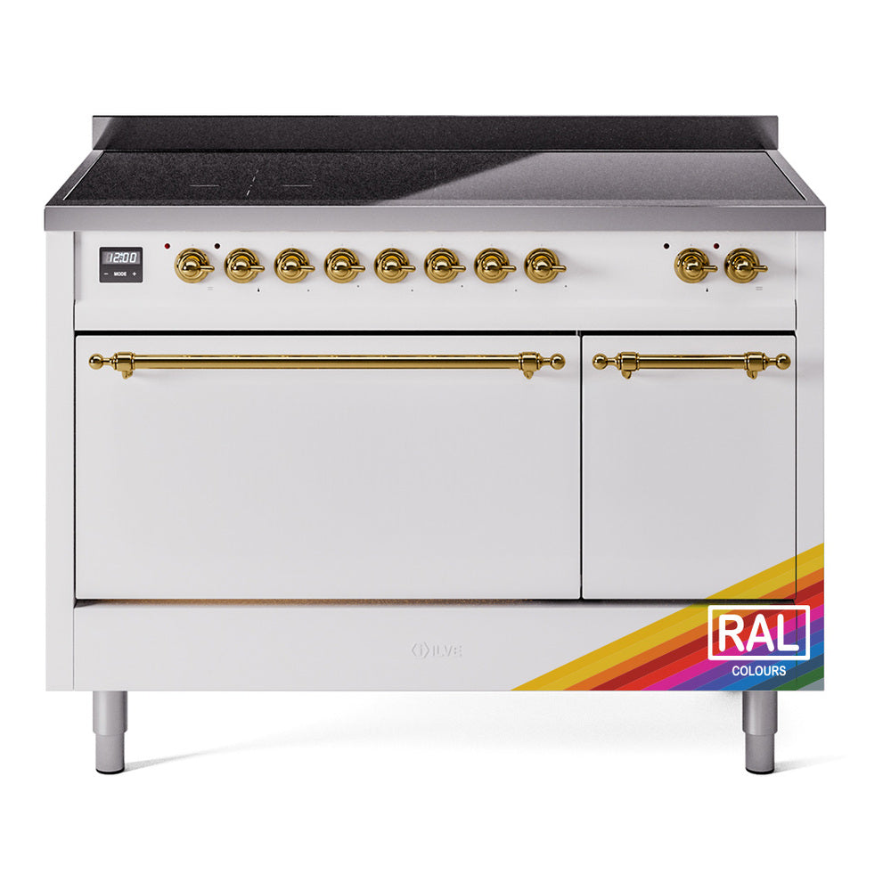 ILVE Nostalgie II 48-Inch Induction Range, Solid Door Oven, Custom RAL with Brass Trim (UPI486QNMPRAG)